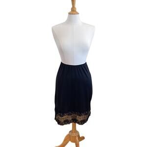 Vanity Fair Black Half Slip Satin Skirt, Lace Trim, Size M